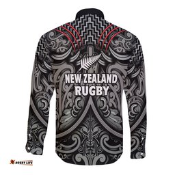 New Zealand Silver Fern Rugby Long Sleeve Button Shirt All Black NZ Maori Pattern