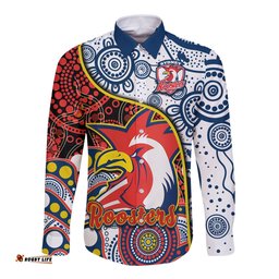 Custom Text And Number Roosters Rugby Long Sleeve Button Shirt Easts 1908 Aboriginal Artsy Premiers