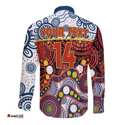 Custom Text And Number Roosters Rugby Long Sleeve Button Shirt Easts 1908 Aboriginal Artsy Premiers