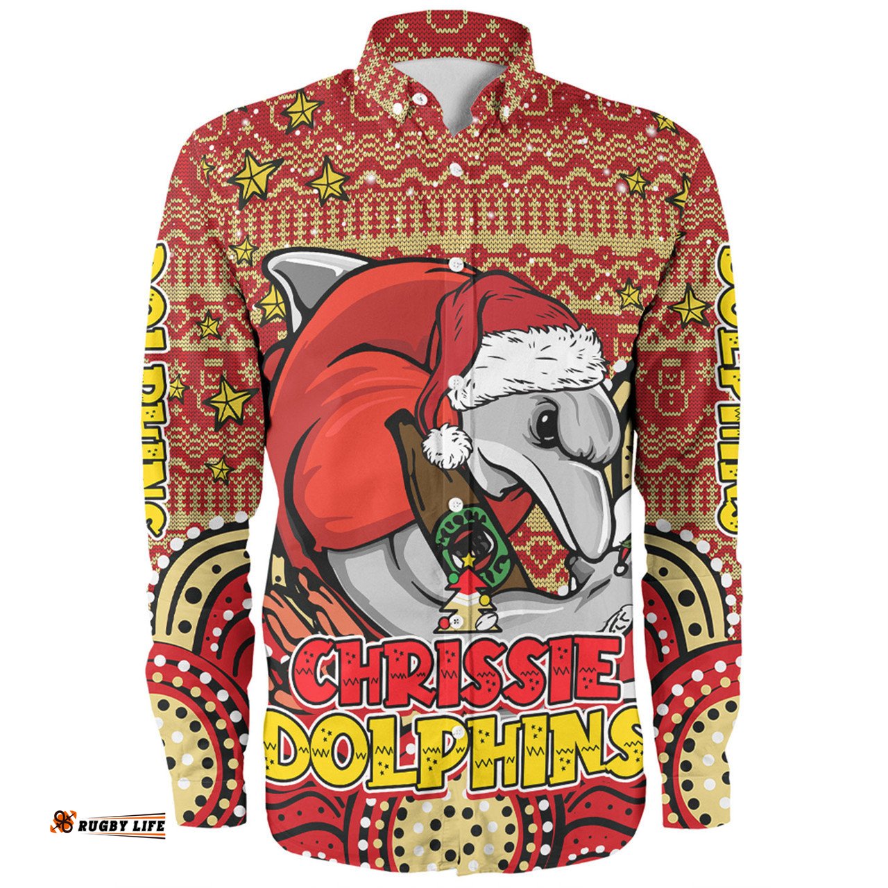 Redcliffe Dolphins Christmas Custom Long Sleeve Button Shirt - Christmas Knit Patterns Vintage Jersey Ugly Long Sleeve Button Shirt
