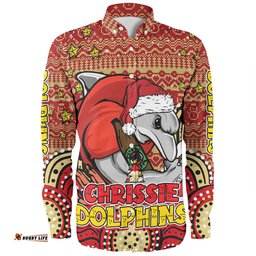 Redcliffe Dolphins Christmas Custom Long Sleeve Button Shirt - Christmas Knit Patterns Vintage Jersey Ugly Long Sleeve Button Shirt
