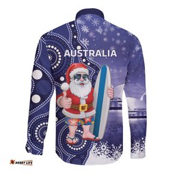 Christmas In July Australia Long Sleeve Button Shirt Santa Surfboard Sydney Opera House Blue