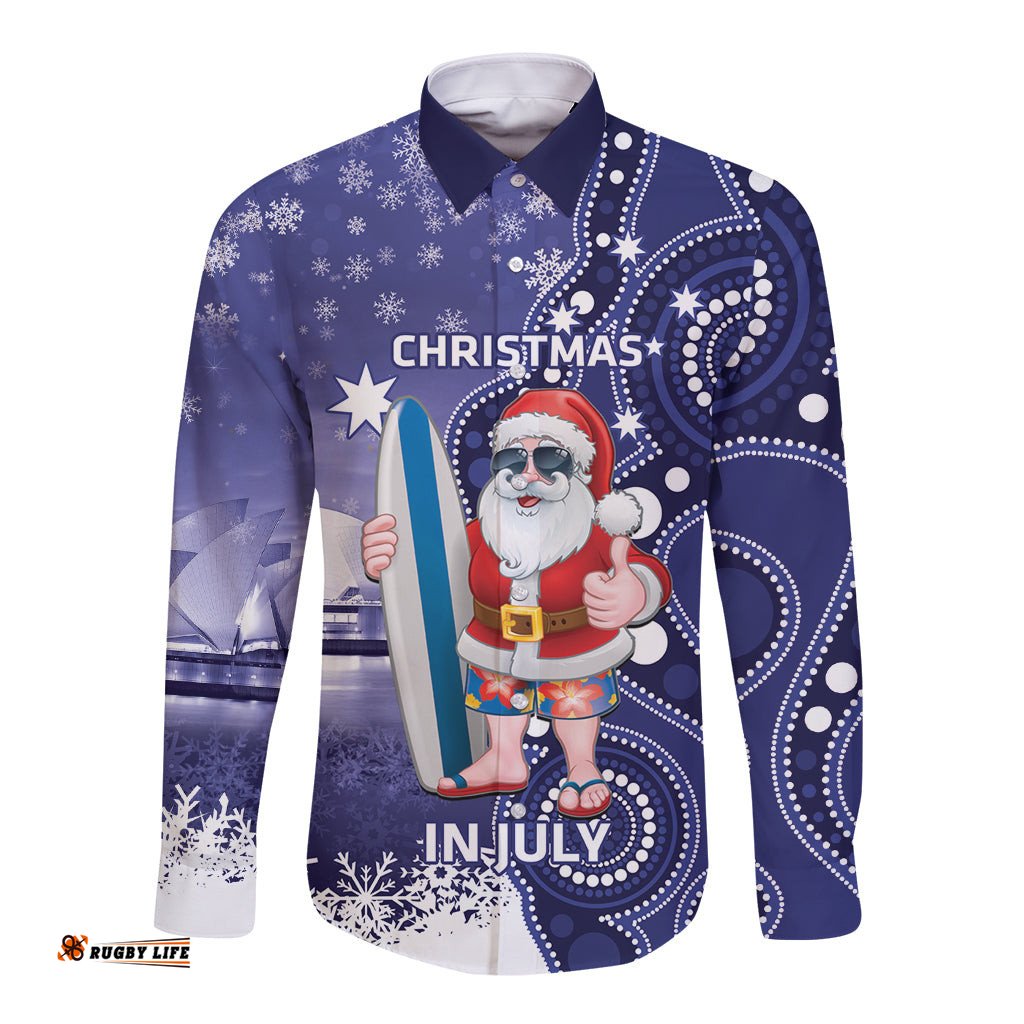 Christmas In July Australia Long Sleeve Button Shirt Santa Surfboard Sydney Opera House Blue
