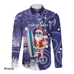 Christmas In July Australia Long Sleeve Button Shirt Santa Surfboard Sydney Opera House Blue