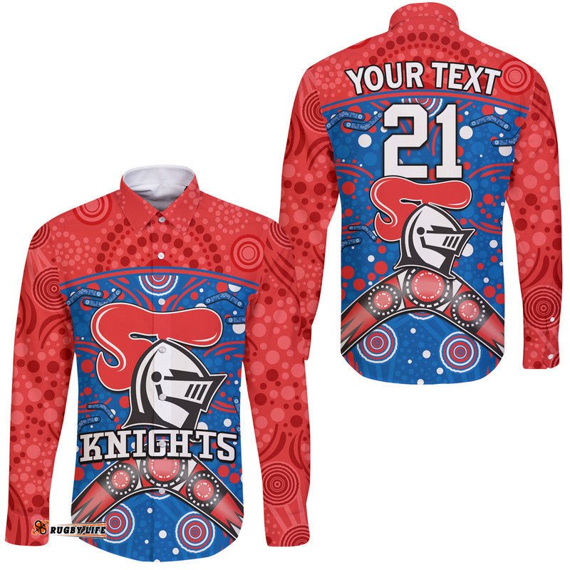 Custom Personalised Knights Rugby Hawaii Long Sleeve Button Shirt Novocastrians Boomerang Indigenous Dots