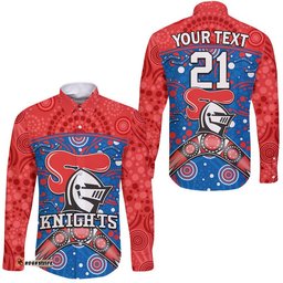 Custom Personalised Knights Rugby Hawaii Long Sleeve Button Shirt Novocastrians Boomerang Indigenous Dots