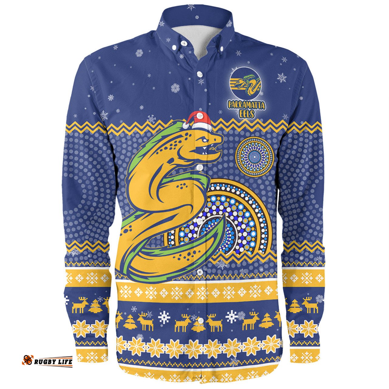 Parramatta Eels Christmas Custom Long Sleeve Button Shirt - Ugly Xmas And Aboriginal Patterns For Die Hard Fan Long Sleeve Button Shirt