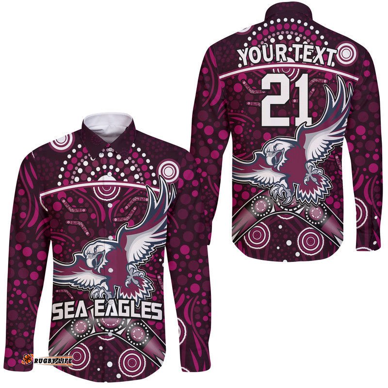 Custom Personalised Sea Eagles Rugby Hawaii Long Sleeve Button Shirt Boomerang Indigenous Dots