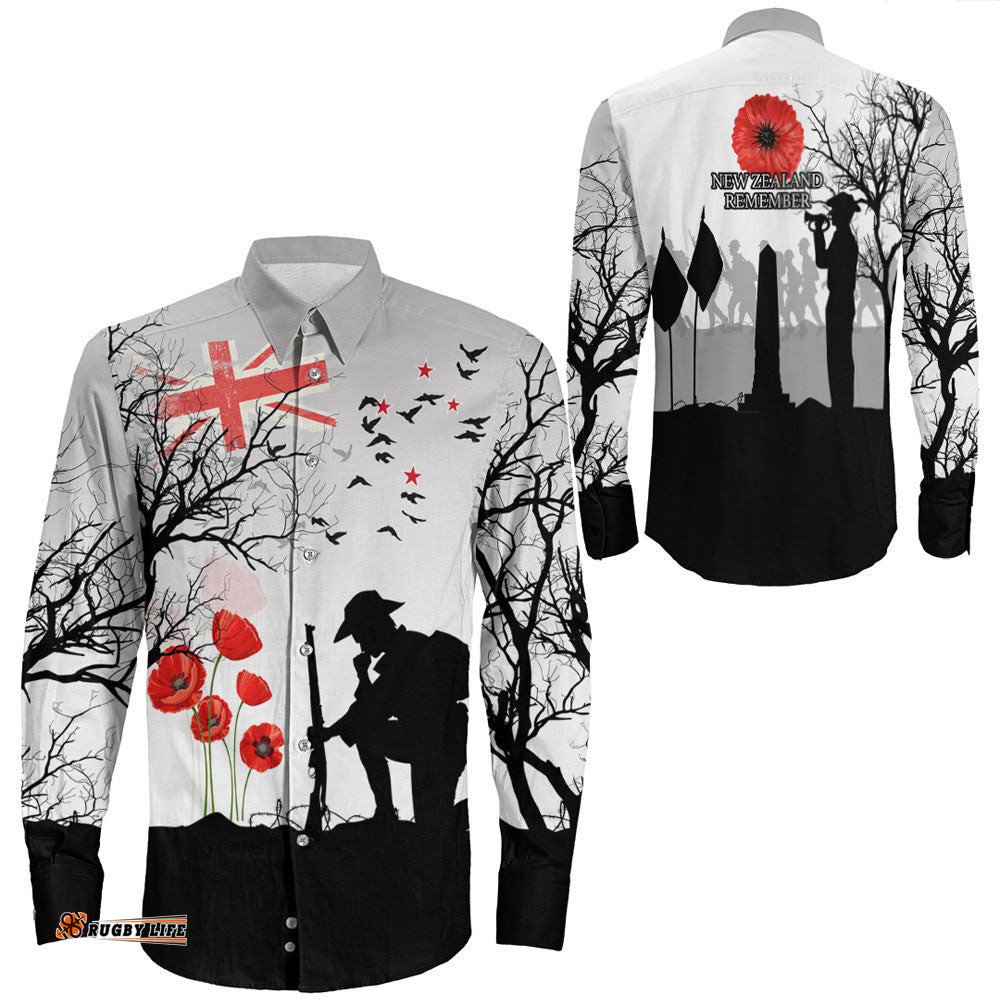 New Zealand Anzac Lest We Forget Remebrance Day White Long Sleeve Button Shirt