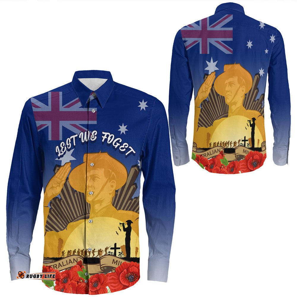 Australia Anzac Day Soldier Salute Long Sleeve Button Shirt