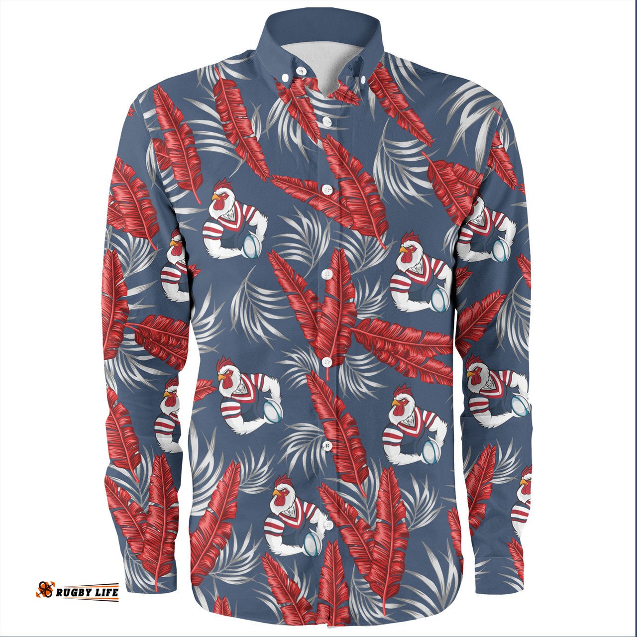 Sydney Roosters Custom Long Sleeve Button Shirt - Tropical Patterns Sydney Roosters Long Sleeve Button Shirt