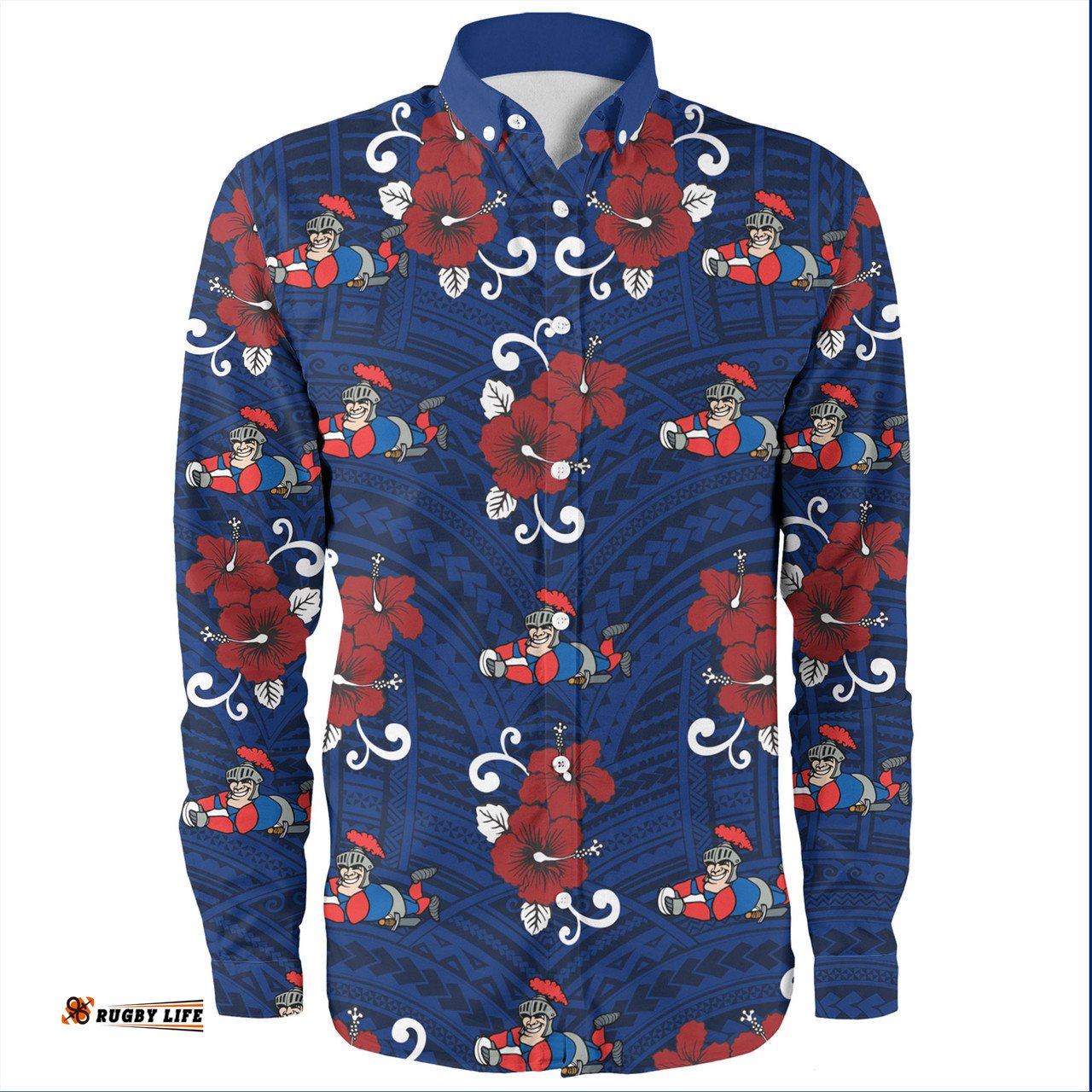 Newcastle Knights Custom Long Sleeve Button Shirt - Knights With Maori Patterns Long Sleeve Button Shirt