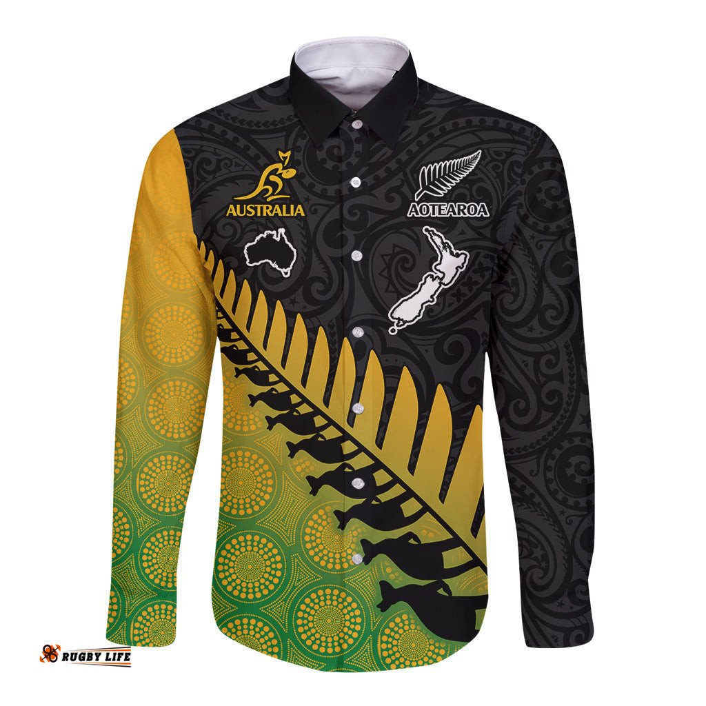 Australia Wallabies and Aotearoa Rugby Long Sleeve Button Shirt Kangaroo Black Fern Maori Gradient Vibe