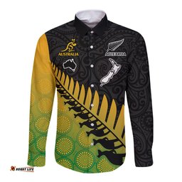 Australia Wallabies and Aotearoa Rugby Long Sleeve Button Shirt Kangaroo Black Fern Maori Gradient Vibe