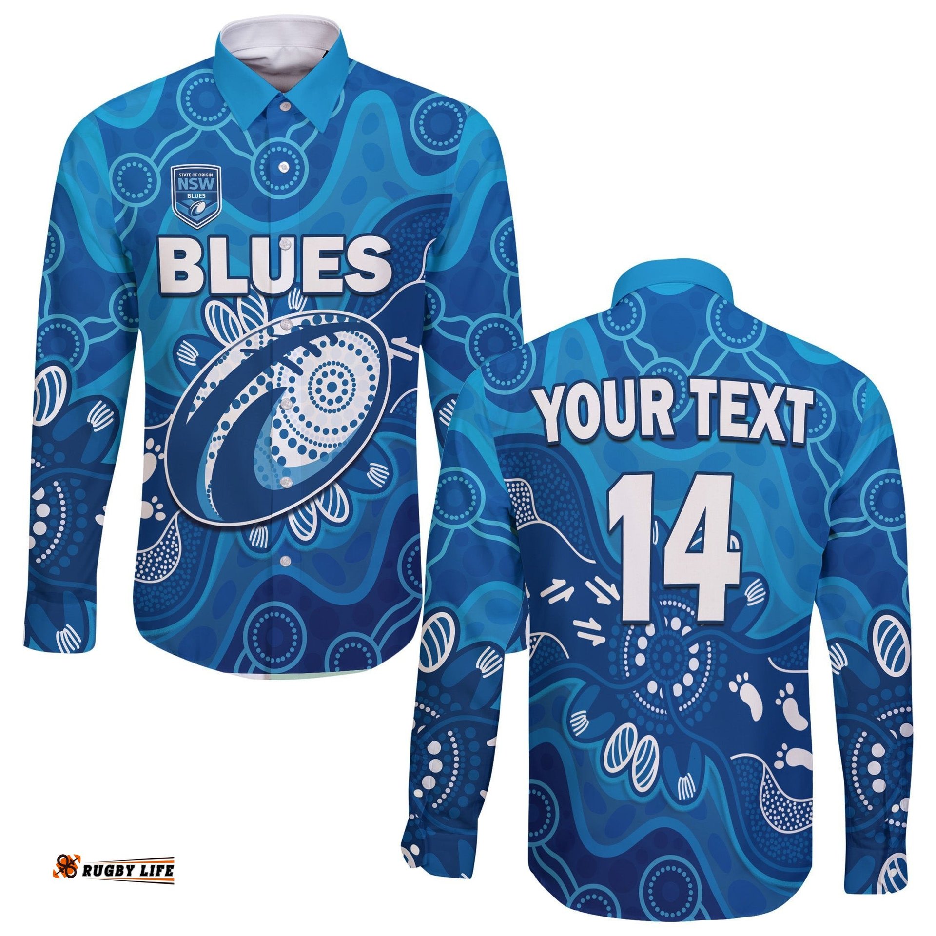 Custom Text And Number NSW Blues Long Sleeve Button Shirt New South Wales Aboriginal Art
