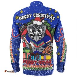 New Zealand Warriors Christmas Custom Long Sleeve Button Shirt - Merry Christmas Our Beloved Team With Aboriginal Dot Art Pattern Long Sleeve Button Shirt