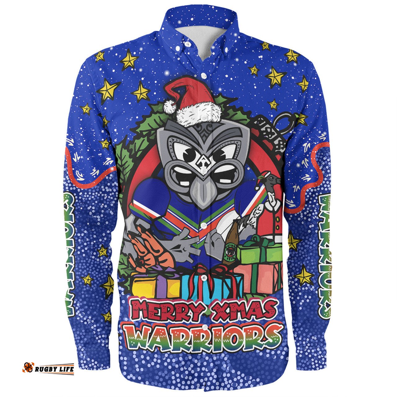 New Zealand Warriors Christmas Custom Long Sleeve Button Shirt - Merry Christmas Our Beloved Team With Aboriginal Dot Art Pattern Long Sleeve Button Shirt