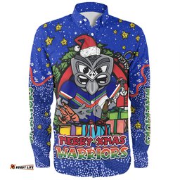 New Zealand Warriors Christmas Custom Long Sleeve Button Shirt - Merry Christmas Our Beloved Team With Aboriginal Dot Art Pattern Long Sleeve Button Shirt