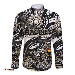 Custom NAIDOC Week 2024 Magpies Long Sleeve Button Shirt Aboriginal Animals Keep The Fire Burning