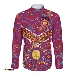 Custom Text And Number Brisbane Football Long Sleeve Button Shirt Indigenous Pattern Go Lions Unique Version