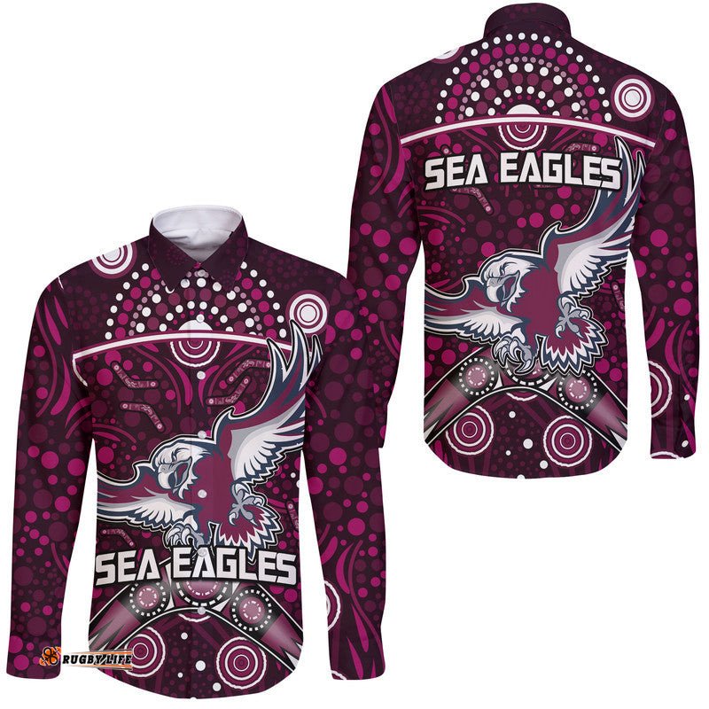 Sea Eagles Rugby Hawaii Long Sleeve Button Shirt Boomerang Indigenous Dots