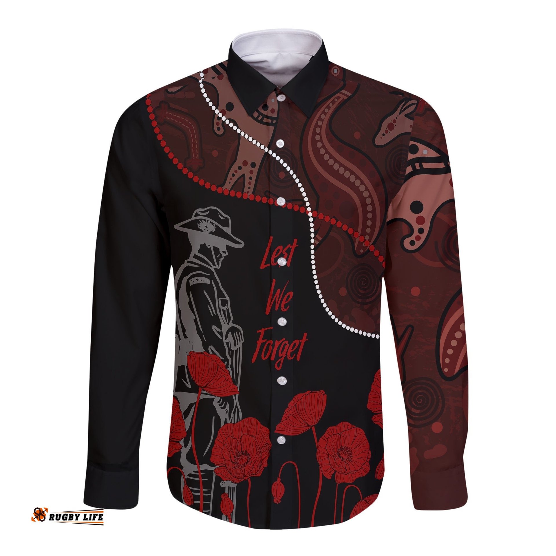 Australia Anzac Day Long Sleeve Button Shirt Aboriginal Art With Poppies