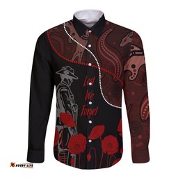 Australia Anzac Day Long Sleeve Button Shirt Aboriginal Art With Poppies