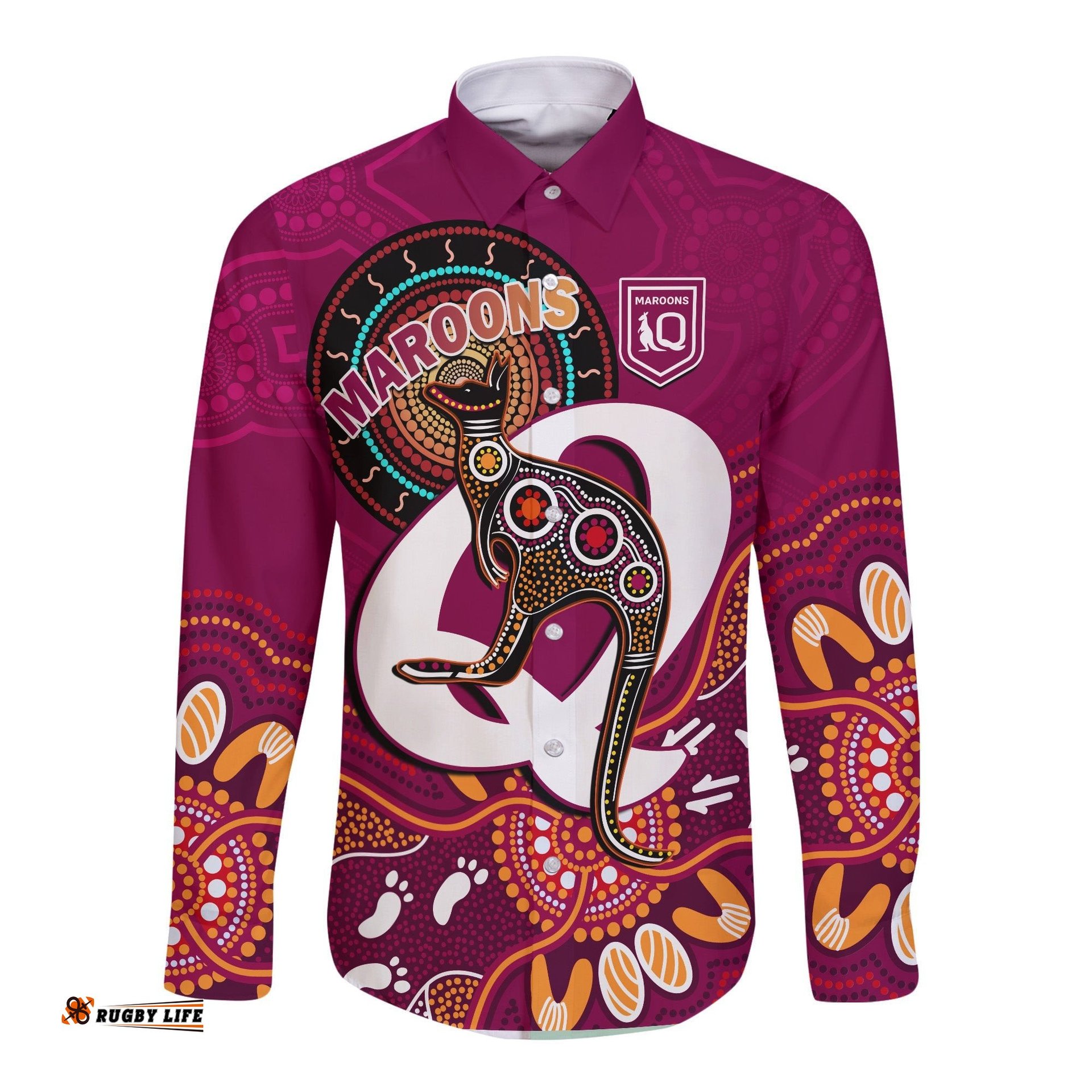 Maroons Rugby Long Sleeve Button Shirt Queensland Kangaroo Aboriginal Dot Paintings