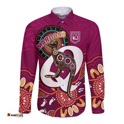 Maroons Rugby Long Sleeve Button Shirt Queensland Kangaroo Aboriginal Dot Paintings