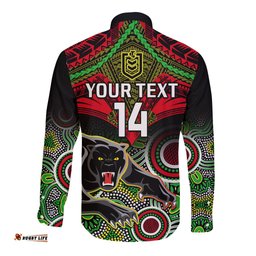 Personalised Panthers Rugby Long Sleeve Button Shirt Penrith 1966 Aboriginal Mix Polynesian Pattern