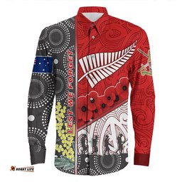 Custom Australia Indigenous & New Zealand Maori Anzac Red Long Sleeve Button Shirt