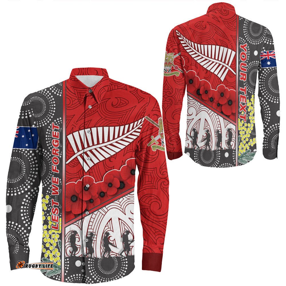 Custom Australia Indigenous & New Zealand Maori Anzac Red Long Sleeve Button Shirt