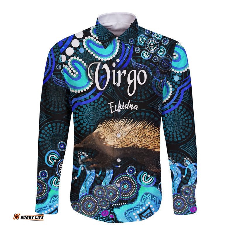 Custom Personalised Australian Astrology Hawaii Long Sleeve Button Shirt Virgo Echidna Zodiac Aboriginal Vibes Blue
