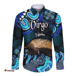 Custom Personalised Australian Astrology Hawaii Long Sleeve Button Shirt Virgo Echidna Zodiac Aboriginal Vibes Blue