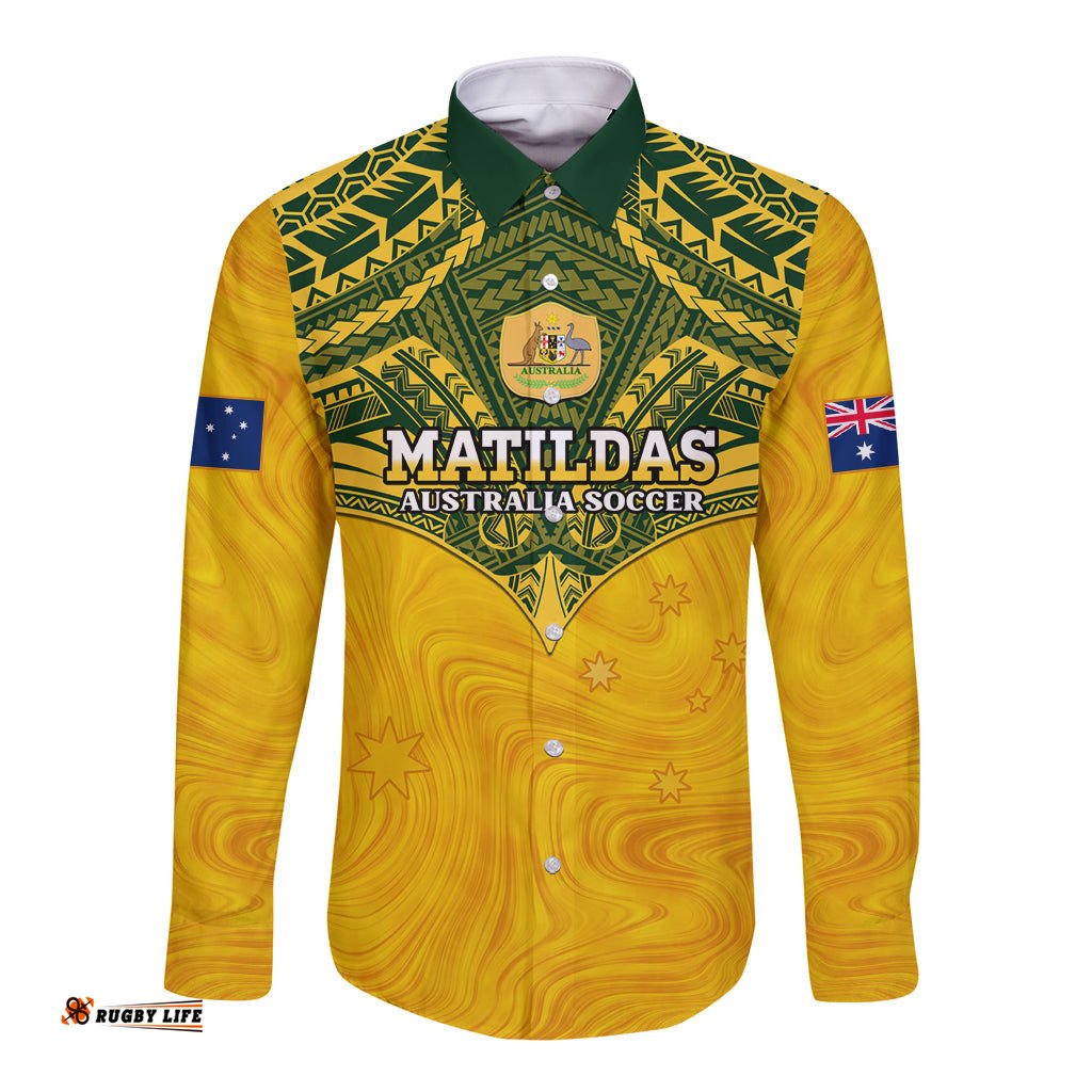 Custom Australia Matildas Long Sleeve Button Shirt Polynesian Mix Gold Marble