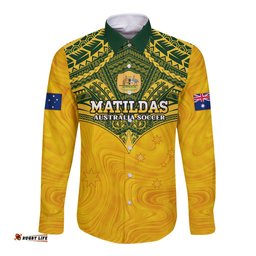 Custom Australia Matildas Long Sleeve Button Shirt Polynesian Mix Gold Marble