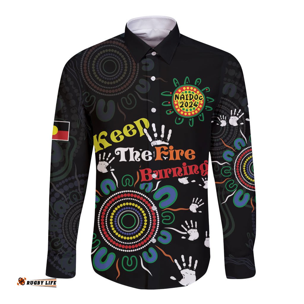 NAIDOC 2024 Indigenous Aboriginal Long Sleeve Button Shirt The Fire Burns Forever