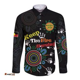 NAIDOC 2024 Indigenous Aboriginal Long Sleeve Button Shirt The Fire Burns Forever