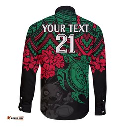 Custom Rabbitohs Rugby Long Sleeve Button Shirt Bunnies Hibiscus and Turtle With Polynesian Pattern