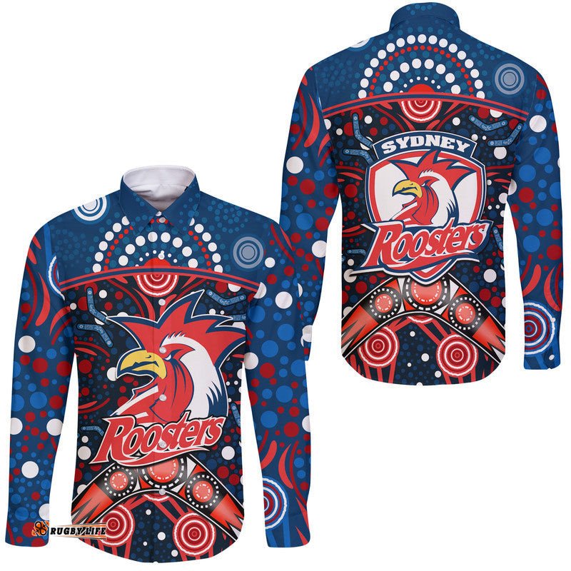 Roosters Rugby Hawaii Long Sleeve Button Shirt Boomerang Indigenous Dots