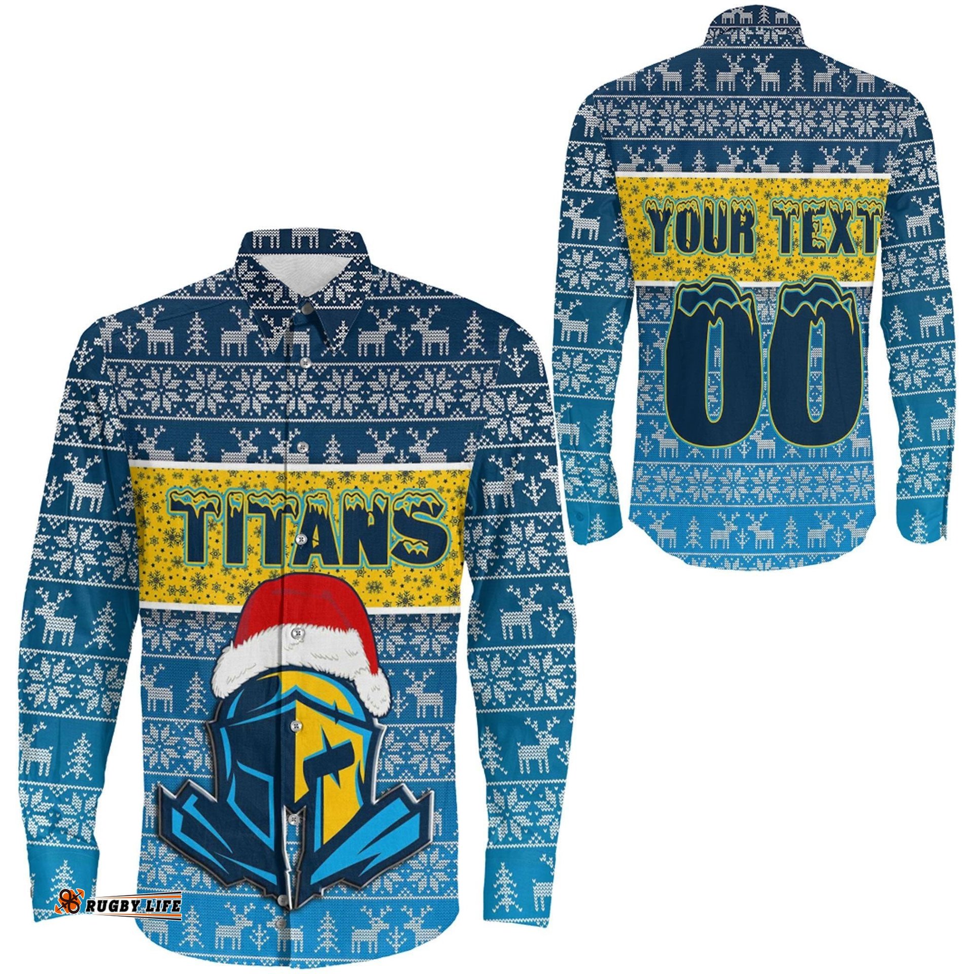 Custom Gold Coast Titans Christmas Aboriginal Tattoo Long Sleeve Button Shirt