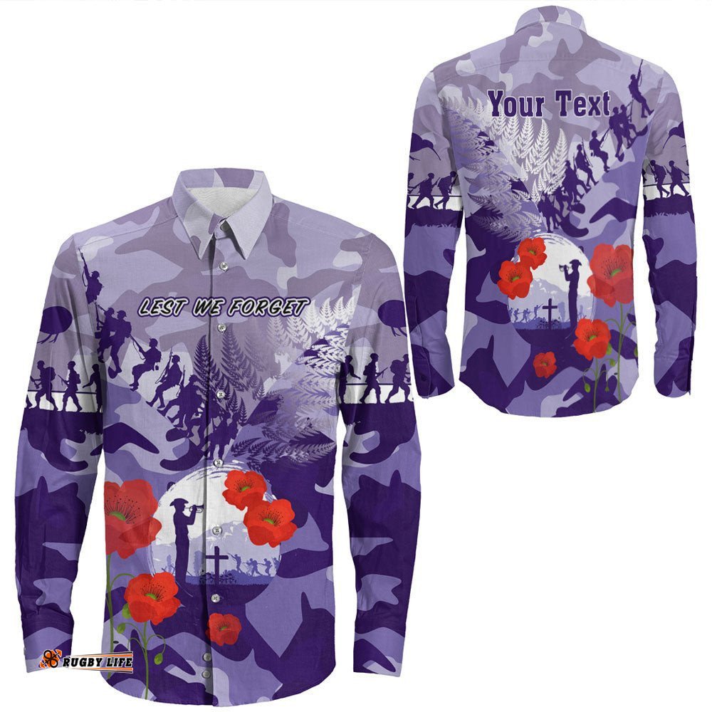Custom New Zealand Anzac Fern And Camouflage Long Sleeve Button Shirt