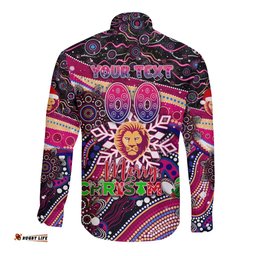 Merry Christmas AFL Brisbane Lions Long Sleeve Button Shirt Aboriginal Santa Football Mascot