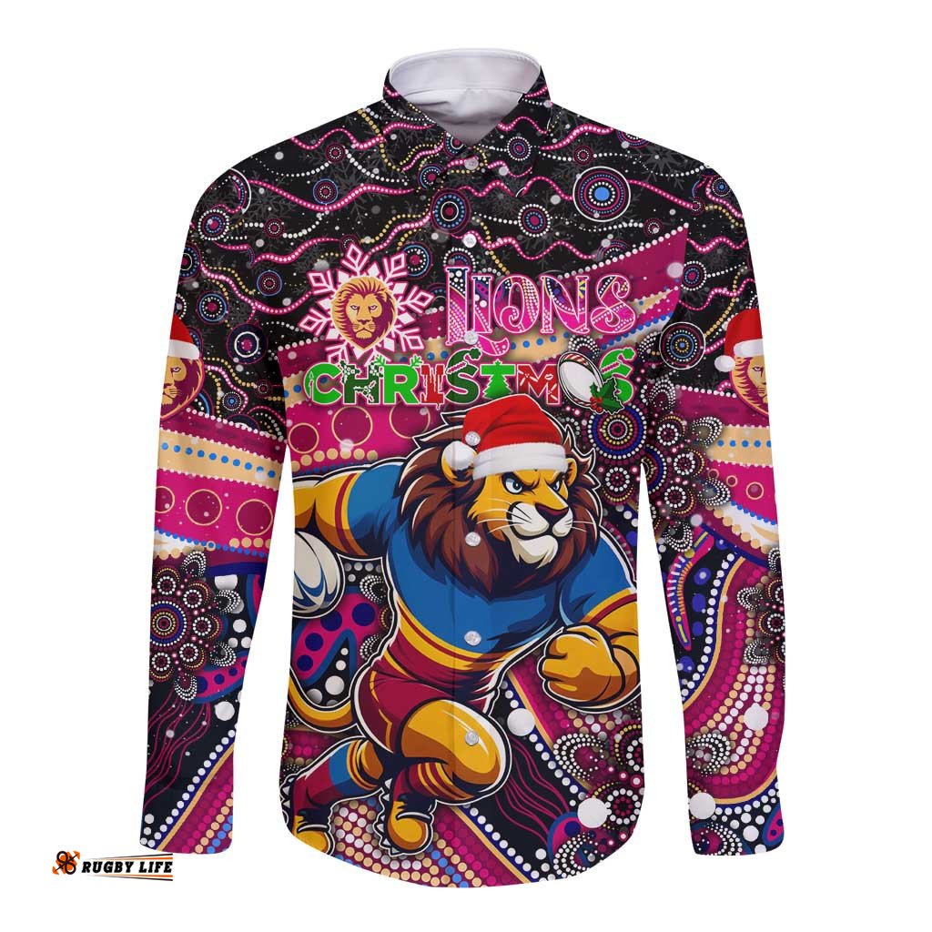 Merry Christmas AFL Brisbane Lions Long Sleeve Button Shirt Aboriginal Santa Football Mascot