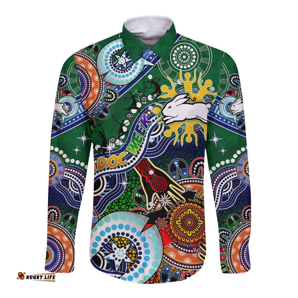 Personalised Rabbitohs NAIDOC Week 2024 Long Sleeve Button Shirt Australia Aboriginal Dot Painting