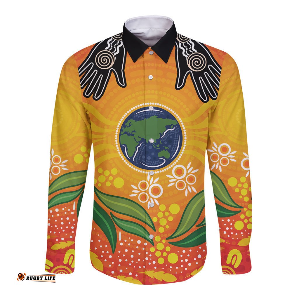Australia Earth Day Indigenous Long Sleeve Button Shirt Save The Earth