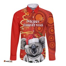 Personalised Australia Koala Christmas Long Sleeve Button Shirt Aboriginal Art With Golden Wattle