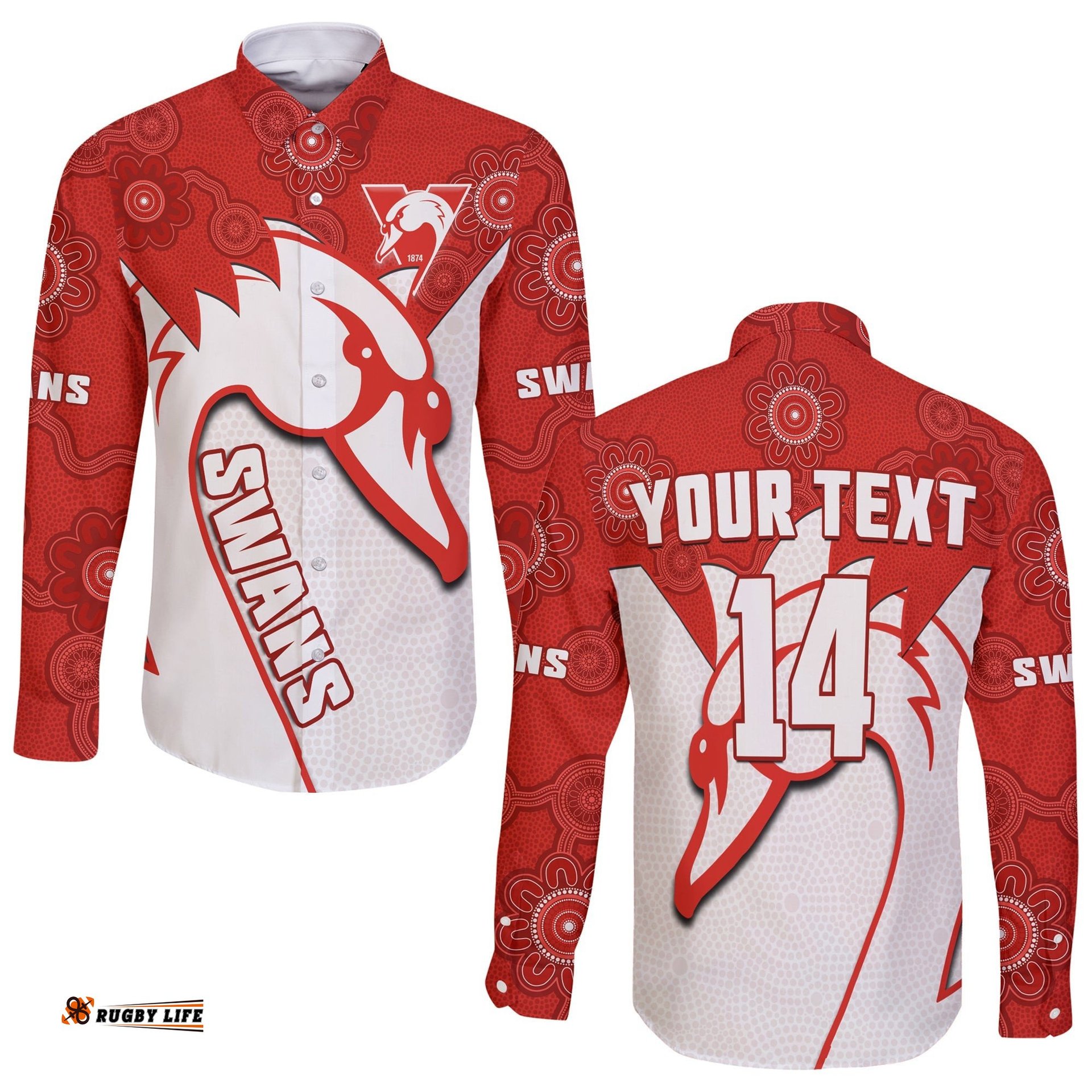 Custom Text And Number Sydney Football Long Sleeve Button Shirt Swans 1874 Dot Painting Artsy