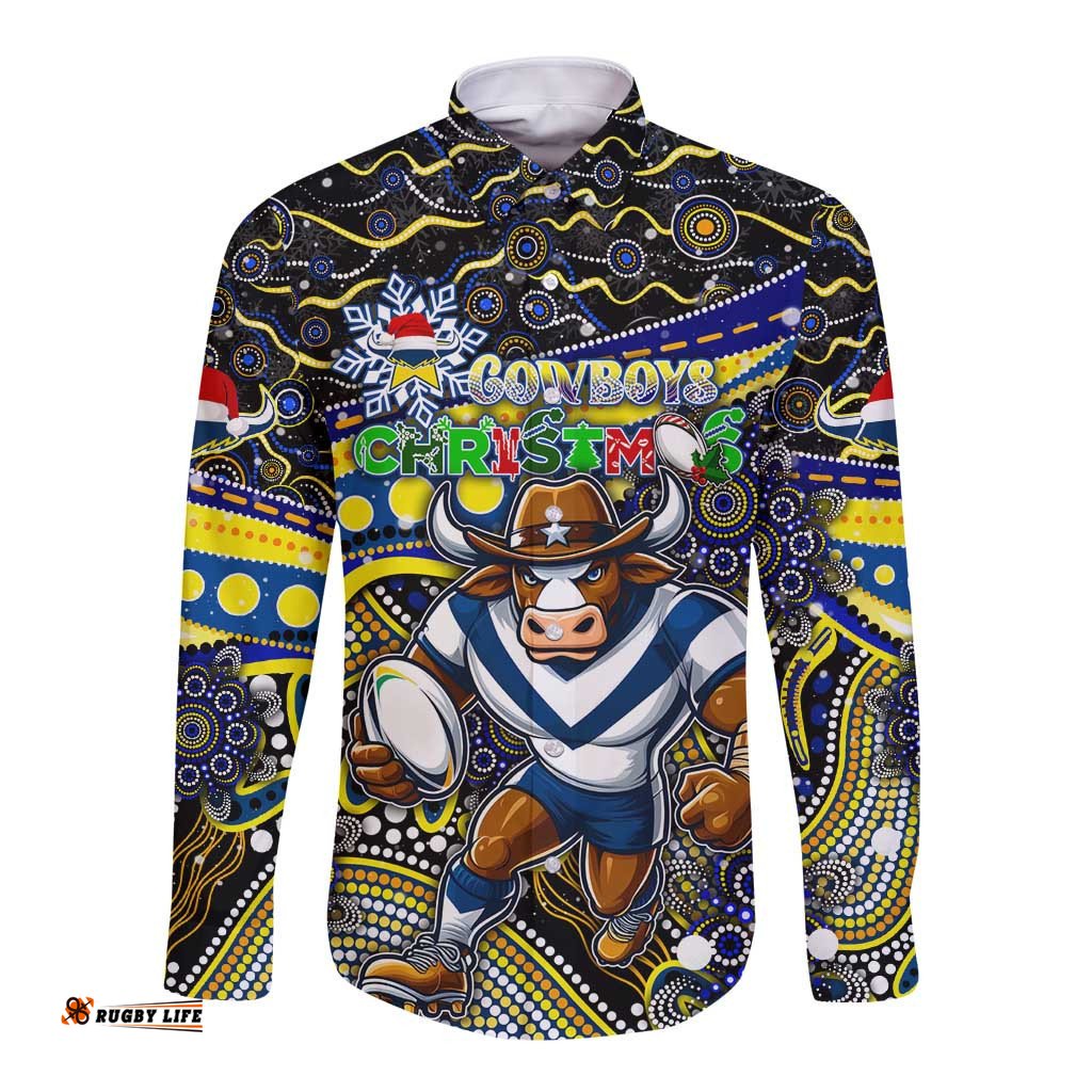 Merry Christmas Cowboys Long Sleeve Button Shirt Aboriginal Santa Rugby Mascot - North Queensland