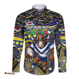 Merry Christmas Cowboys Long Sleeve Button Shirt Aboriginal Santa Rugby Mascot - North Queensland